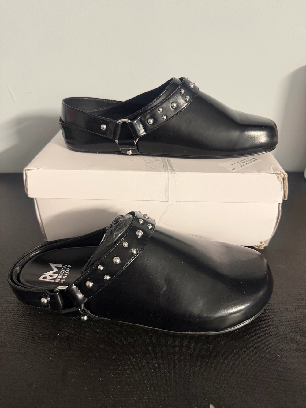 Rebecca Minkoff Black Leather Stud Strap Mule Clogs
